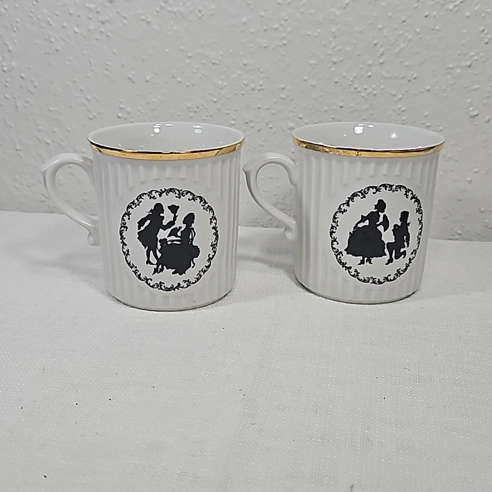 set of 2 Victorian couple silhouette Czechoslovakia porcelain tea cups